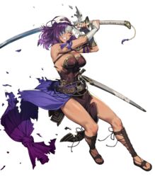  armor bare_shoulders belt breasts chyko clenched_hand clenched_teeth dark_skin dress elbow_gloves eyepatch female fire_emblem fire_emblem:_akaneia_saga fire_emblem:_new_mystery_of_the_emblem fire_emblem_heroes full_body gloves gold_trim highres holding holding_sword holding_weapon large_breasts long_hair looking_away malice_(fire_emblem) muscular muscular_female non-web_source official_art parted_lips purple_hair red_eyes sheath shiny_skin shoulder_armor solo strapless strapless_dress sword tan teeth toeless_footwear toes torn_clothes transparent_background weapon 