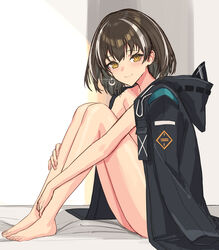  arknights barefoot black_hair doctor_(arknights) earrings feet female highres hood hoodie jacket jewelry looking_at_viewer magallan_(arknights) morning multicolored_hair naked_hoodie sigm@ solo 