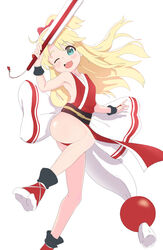  :3 absurdres bare_shoulders blonde_hair commentary cosplay fatal_fury female folding_fan hand_fan highres himesaka_noa japanese_clothes long_hair looking_at_viewer murairamuraiari one_eye_closed open_mouth pelvic_curtain ponytail revealing_clothes shiranui_mai shiranui_mai_(cosplay) simple_background smile solo the_king_of_fighters watashi_ni_tenshi_ga_maiorita! 