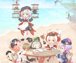  &gt;_&lt; 1boy 6+girls :o animal_ear_fluff animal_ears animal_hood apron arm_guards ascot bangs_pinned_back baozi beach black_footwear black_gloves black_hair black_leotard black_shorts blue_hair blue_sky boots bowl braid braided_ponytail brown_footwear brown_gloves brown_scarf burger cabbie_hat cape carrying cat_ears cat_girl cat_tail chair chinese_clothes chopsticks cliff cloud cloudy_sky clover_print coat coconut coin_hair_ornament commentary cup day detached_sleeves diona_(genshin_impact) drinking drinking_glass drinking_straw drinking_straw_in_mouth eating employee_uniform eula_(genshin_impact) fake_animal_ears fake_tail fast_food_uniform fingerless_gloves food forehead fork french_fries fruit_cup full_body genshin_impact gloves greatsword green_eyes grey_hair hair_ornament hairband hat hat_feather hat_ornament head_rest highres holding holding_fork holding_sword holding_weapon hood horizon ice japanese_clothes jiangshi jumping kaeya_(genshin_impact) kfc klee_(genshin_impact) knee_boots kneehighs leaf leaf_on_head leotard low_ponytail low_twintails maid maid_apron male_swimwear maruichi_(020205) multiple_girls necktie noelle_(genshin_impact) noelle_(kfc)_(genshin_impact) ocean official_alternate_costume ofuda outdoors pancake pancake_stack pantyhose parted_lips pasta pink_hair plate pointy_ears puffy_detached_sleeves puffy_shorts puffy_sleeves purple_eyes purple_hair qi_maid qingdai_guanmao qiqi_(genshin_impact) raccoon_ears raccoon_hood raccoon_tail red_coat red_headwear sauce sayu_(genshin_impact) scarf shoes shorts shrimp single_braid sitting sky sleeping socks spaghetti standing swim_briefs sword table tail thighhighs tree twintails uniform vision_(genshin_impact) walking weapon white_pantyhose white_thighhighs 