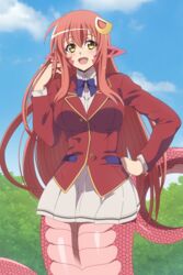  :d absurdres advanced_nurturing_high_school_uniform blazer bow bowtie breasts cloud collared_shirt commission commissioner_upload company_connection cowboy_shot day female hair_between_eyes hair_ornament hand_on_own_hip highres jacket lamia lerche_(studio) long_hair medium_breasts miia_(monster_musume) monster_girl monster_musume_no_iru_nichijou oerba_yun_fang open_mouth outdoors pleated_skirt pointy_ears red_hair red_jacket red_scales scales school_uniform shirt skirt sky slit_pupils smile solo tree very_long_hair white_shirt white_skirt yellow_eyes youkoso_jitsuryoku_shijou_shugi_no_kyoushitsu_e zorzero 