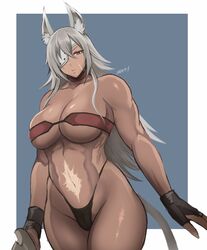  abs animal_ear_fluff animal_ears border bra breasts choker dark-skinned_female dark_skin eyepatch female fingerless_gloves ghislaine_dedoldia gloves highres large_breasts long_hair looking_at_viewer muscular muscular_female mushoku_tensei navel one-eyed red_choker scar scar_on_face scar_on_stomach shibusun solo strapless strapless_bra tail thighs underwear white_border 