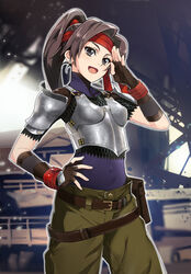  :d armor belt belt_pouch black_gloves bodysuit bodysuit_under_clothes boobplate breastplate breasts brown_belt brown_eyes brown_hair chainmail commentary covered_collarbone covered_navel cowboy_shot earrings elbow_sleeve female final_fantasy final_fantasy_vii final_fantasy_vii_remake fingerless_gloves fishnet_top fishnets gloves green_pants hand_on_own_hip headband highres impossible_armor jessie_rasberry jewelry long_hair looking_at_viewer nyoro_(nyoronyoro000) open_mouth pants parted_bangs photoshop_(medium) ponytail pouch red_headband salute shoulder_armor sidelocks smile solo standing 