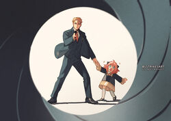  1boy :o aiming aiming_at_viewer anya_(spy_x_family) blonde_hair commentary dress eden_academy_school_uniform father_and_daughter female formal full_body green_eyes gun gun_barrel_sequence hairpods holding_hands james_bond_(series) lightningstrikes lolicon necktie pink_hair red_necktie school_uniform shadow spy_x_family standing suit symbol-only_commentary thighhighs twilight_(spy_x_family) twitter_username weapon white_thighhighs 