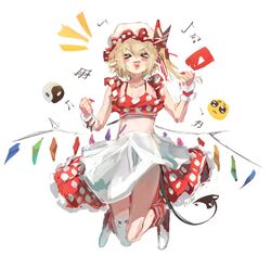  &gt;_&lt; apron beamed_eighth_notes beamed_sixteenth_notes bikini blonde_hair bow clenched_hands collarbone crystal eighth_note emoji fangs female flandre_scarlet full_body hat hat_bow internet_survivor jumping laevatein_(tail) medium_hair mob_cap musical_note open_mouth pleading_face_emoji pointy_ears polka_dot polka_dot_bikini polka_dot_skirt red_bikini red_bow red_skirt side_ponytail simple_background skirt smile solo sparkle71059204 swimsuit tail touhou white_apron white_background white_hat wings wrist_cuffs yin_yang youtube_logo 