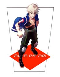  1boy bad_id bad_pixiv_id bakugou_katsuki belt black_bodysuit black_footwear blonde_hair blue_jacket bodysuit boku_no_hero_academia boots cai_(caiirocai) dated full_body green_belt grin jacket knee_pads looking_at_viewer male_focus open_clothes open_jacket red_eyes school_uniform short_hair short_sleeves simple_background smile solo spiked_hair standing teeth u.a._school_uniform white_background 