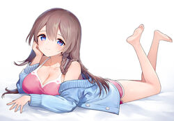  ainy bare_legs barefoot blue_eyes braid breasts brown_hair cleavage closed_mouth collarbone dolphin_shorts eyebrows female hair_between_eyes large_breasts legs_up long_hair long_sleeves lying on_stomach original shorts smile solo the_pose 