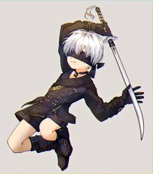  1boy 9s_(nier:automata) black_blindfold black_gloves black_legwear blindfold boots full_body gloves jumping lolicon long_sleeves male_focus nier:automata nier_(series) short_hair shorts smile sword toron_0812 weapon white_background white_hair 