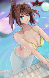  1boy bikini blue_eyes breasts brown_hair cleavage female hair_ornament hair_scrunchie highres mazaki_anzu muto_yugi navel partially_submerged ponytail pool scrunchie smile solo_focus spiked_hair swimsuit water wet yellow_bikini yone-chan_(kuwm5222) yu-gi-oh! 