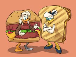  anatid anseriform anthro avian bird burger burger_costume clothed clothing costume daisy_duck della_duck disney duck duo eye_contact female food food_costume grilled_cheese koopakrazy85 looking_at_another prosthetic prosthetic_leg prosthetic_limb sandwich_(food) simple_background 