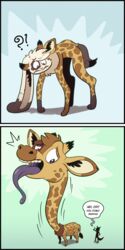  1:2 ambiguous_gender animal_print antlers dialogue duo feral feral_transformation giraffe giraffe_print giraffid hi_res horn jackalope lagomorph long_legs long_neck long_tongue mammal markings oatnom ossicone spots spotted_body text tongue transformation trevor-fox 