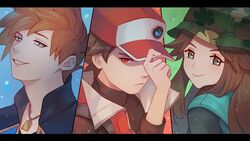  2boys artist_name blue_eyes blue_oak blue_oak_(sygna_suit) brown_hair brown_shirt camouflage camouflage_headwear closed_mouth coat commentary eyelashes female green_eyes green_headwear hand_on_headwear hand_up hat high_collar jacket jewelry leaf_(pokemon) leaf_(sygna_suit)_(pokemon) letterboxed long_hair looking_back mootecky multiple_boys necklace official_alternate_costume pokemon pokemon_masters_ex red_(pokemon) red_(sygna_suit)_(pokemon) red_coat red_eyes shirt short_hair sleeveless sleeveless_coat smile 