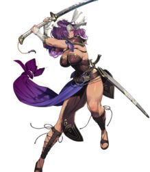  armor bare_shoulders belt breasts chyko dagger dark_skin dress elbow_gloves eyepatch female fire_emblem fire_emblem:_akaneia_saga fire_emblem:_new_mystery_of_the_emblem fire_emblem_heroes full_body gloves gold_trim highres holding holding_sword holding_weapon knife large_breasts leg_up long_hair looking_away malice_(fire_emblem) muscular muscular_female non-web_source official_art parted_lips purple_hair red_eyes sheath shiny_skin shoulder_armor solo strapless strapless_dress sword tan thighs toeless_footwear toes transparent_background weapon 