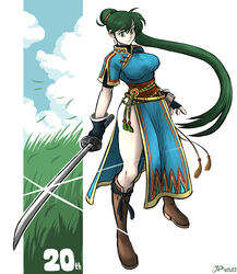  absurdres anniversary ass black_gloves black_shirt blue_dress boots breasts brown_footwear cloud cloudy_sky commentary dated dress earrings female field fire_emblem fire_emblem:_the_blazing_blade full_body glint gloves grass green_eyes green_hair highres holding holding_sword holding_weapon jewelry knee_boots large_breasts long_hair lyn_(fire_emblem) pelvic_curtain ponytail shirt shirt_under_dress signature sky solo swept_bangs sword thighs videajames weapon 