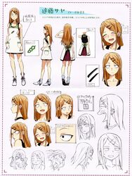  absurdres character_name constricted_pupils corrupted_metadata crease dagashi_kashi ear_piercing endou_saya expressions female hair_ornament hairclip highres line_art multiple_views oerba_yun_fang official_art orange_hair piercing reference_sheet scan scan_artifacts turnaround 