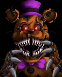  2020 angry animatronic anthro bear bow_tie button_(fastener) claws clothing five_nights_at_freddy&#039;s five_nights_at_freddy&#039;s_4 hat headgear headwear looking_at_viewer lordofthefeathers machine male mammal nightmare_fredbear_(fnaf) open_mouth red_eyes robot scottgames sharp_teeth solo teeth ursine watermark wire 