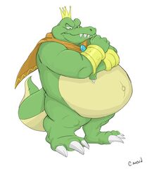  2018 3_toes 4_fingers absurd_res anthro barefoot belly biceps big_belly biped bottomless bracelet canson cape cape_only claws clothed clothing crocodile crocodilian crocodylid crossed_arms crown digital_media_(artwork) donkey_kong_(series) fangs feet fingers front_view full-length_portrait gem green_body green_scales headgear hi_res jewelry k_rool king kremling looking_at_self male mostly_nude musclegut muscular muscular_anthro narrowed_eyes navel nintendo non-mammal_navel obese obese_anthro obese_male outie_navel overweight overweight_anthro overweight_male pecs plantigrade portrait reptile royalty scales scalie signature simple_background snout solo standing stomach_bulge teeth toe_claws toes topless white_background white_claws 