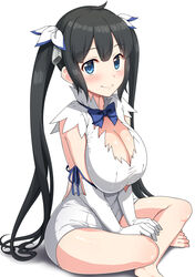  barefoot black_hair blue_bow blue_bowtie blue_eyes blue_ribbon blush bow bowtie breasts cleavage closed_mouth commentary_request dungeon_ni_deai_wo_motomeru_no_wa_machigatteiru_darou_ka female gloves hair_ribbon hestia_(danmachi) highres indian_style large_breasts legs long_hair looking_at_viewer rei_no_himo ribbon simple_background sitting smile solo thighs twintails white_background white_gloves white_ribbon yue_(show-ei) 