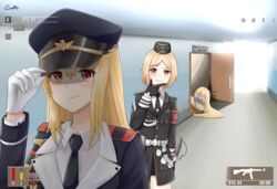  3girls assault_rifle black_gloves black_necktie blonde_hair bound cosplay gag gameplay_mechanics gamryous garrison_cap girls&#039;_frontline gloves gun hat highres hitman_(game) improvised_gag long_hair long_sleeves military military_uniform mp40_(girls&#039;_frontline) multiple_girls necktie peaked_cap red_eyes rifle rope short_hair stg44 stg44_(girls&#039;_frontline) stg44_(girls&#039;_frontline)_(cosplay) sv-98_(girls&#039;_frontline) tape tape_gag tied_up_(nonsexual) uniform user_interface weapon white_gloves 