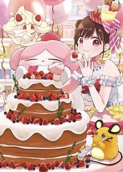  19_okeke 3others :t alcremie alcremie_(strawberry_sweet) alcremie_(vanilla_cream) alt_text balloon blueberry blush breasts brown_hair cake commentary_request cream_puff crossover dedenne dress eating female food fruit hat highres holding holding_spoon idolmaster idolmaster_shiny_colors looking_at_viewer medium_breasts mini_hat multiple_others navel off-shoulder_dress off_shoulder pastry_bag pocky pokemon pokemon_(creature) red_eyes slurpuff sonoda_chiyoko spoon strawberry 