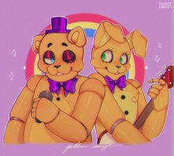  2020 ambiguous_gender animatronic anthro banjo_(instrument) bear blush bow_tie buckteeth clothing duo electronics english_text eye_contact eyelashes five_nights_at_freddy&#039;s five_nights_at_freddy&#039;s_4 fredbear_(fnaf) fur half-length_portrait happy hat headgear headwear hi_res holding_microphone holding_object lagomorph leporid long_ears looking_aside looking_at_another machine male mammal microphone multicolored_body multicolored_ears multicolored_fur musical_instrument one_eye_closed one_eye_half-closed orange_body orange_ears plucked_string_instrument poisoned-c00kies portrait purple_background rabbit rainbow raised_arm robot scottgames simple_background singer slightly_chubby smile sparkles spring_bonnie_(fnaf) standing string_instrument teeth text top_hat two_tone_body two_tone_ears two_tone_fur yellow_body yellow_ears yellow_fur 