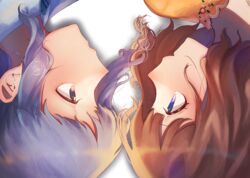  2girls bad_id bad_pixiv_id brown_eyes brown_hair cut_cut_cut eye_contact idolmaster idolmaster_million_live! intertwined_hair looking_at_another makabe_mizuki multiple_girls portrait profile purple_eyes purple_hair suou_momoko upside-down wosiwosi 