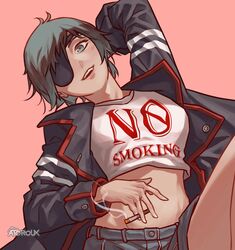  absurdres alternate_costume artist_name atoroux black_eyes black_jacket blue_eyes chainsaw_man cigarette crop_top eyepatch female highres himeno_(chainsaw_man) holding holding_cigarette irony jacket looking_at_viewer midriff midriff_peek one_eye_covered open_mouth pink_background shirt simple_background smoke smoking solo teeth white_shirt white_stripes 