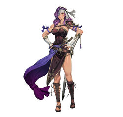  absurdres armor bare_shoulders belt breasts chyko cleavage closed_mouth collarbone dagger dark_skin dress eyepatch female fire_emblem fire_emblem:_akaneia_saga fire_emblem:_new_mystery_of_the_emblem fire_emblem_heroes full_body gloves gold_trim hands_on_own_hips highres knife large_breasts lips long_hair looking_at_viewer malice_(fire_emblem) muscular muscular_female official_art pelvic_curtain purple_eyes sheath sheathed shiny_skin shoulder_armor simple_background smile solo standing strapless strapless_dress sword tan toeless_footwear toes weapon white_background 