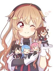  &gt;_&lt; 5girls beret black_gloves black_headwear blue_hair blush brown_hair chibi closed_eyes elbow_gloves fingerless_gloves gloves gradient_hair hair_flaps hair_ornament hairband hairclip harusame_(kancolle) hat kantai_collection light_brown_hair long_hair mini_person minigirl multicolored_hair multiple_girls murasame_(kancolle) murasame_kai_ni_(kancolle) one_eye_closed open_mouth pink_hair ponytail red_eyes ren_kun sailor_collar samidare_(kancolle) school_uniform serafuku shigure_(kancolle) shigure_kai_ni_(kancolle) shiratsuyu_(kancolle) simple_background two_side_up white_background white_gloves 