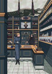  2boys alternate_universe black_hair blonde_hair book bookshelf cabinet crocodile crocodilian fate/zero fate_(series) formal gem gloves hair_slicked_back herb_bundle highres hya_(ohyaarin) indoors jar jug_(bottle) kayneth_el-melloi_archibald long_hair lord_el-melloi_ii lord_el-melloi_ii_case_files male_focus multiple_boys standing suit taxidermy waver_velvet workshop 