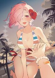  bad_id bad_pixiv_id bikini blush fate/grand_order fate_(series) flower highres holding_hands jewelry looking_at_viewer mash_kyrielight mash_kyrielight_(swimsuit_of_perpetual_summer_ver.02) nail_polish official_alternate_costume outdoors pacoske palm_tree pink_hair pov pov_hands purple_eyes swimsuit tree 