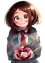  bad_id bad_twitter_id blush boku_no_hero_academia brown_hair candy chocolate commentary female food happy_valentine heart heart-shaped_chocolate highres incoming_gift looking_at_viewer mikipi necktie school_uniform simple_background smile solo symbol-only_commentary twitter_username u.a._school_uniform uraraka_ochako valentine white_background 