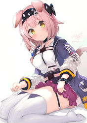  absurdres animal_ears arknights black_hairband blue_bow blue_jacket blush bow braid breasts brown_eyes cat_ears cat_girl cat_tail closed_mouth commentary_request female goldenglow_(arknights) gradient_background grey_background hairband hairbow highres jacket legs lightning_bolt_print long_hair long_sleeves looking_at_viewer medium_breasts no_shoes ochinsama open_clothes open_jacket pink_hair print_hairband puffy_long_sleeves puffy_sleeves purple_skirt shirt signature single_braid sitting skirt soles solo tail thighhighs twitter_username wariza white_background white_shirt white_thighhighs yellow_eyes 