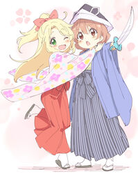  2girls ;d black_footwear black_headwear blonde_hair blush bow brown_eyes brown_hair check_commentary commentary_request double-parted_bangs floral_background floral_print green_eyes hair_between_eyes hairbow hakama hakama_skirt highres himesaka_noa holding holding_sword holding_weapon hoshino_hinata japanese_clothes jigatei_(omijin) kimono kodomo_no_hi long_hair long_sleeves multiple_girls one_eye_closed open_clothes paper_hat paper_kabuto parted_bangs pink_kimono ponytail print_kimono red_bow red_hakama sandals short_eyebrows skirt smile socks standing standing_on_one_leg sword tabi teeth thick_eyebrows upper_teeth_only very_long_hair watashi_ni_tenshi_ga_maiorita! weapon white_legwear wide_sleeves zouri 