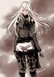  a2_(nier:automata) breasts chains commentary cowboy_shot expressionless female green_eyes hair_between_eyes long_hair looking_at_viewer medium_breasts mole mole_under_mouth nier:automata nier_(series) signature solo standing sugano_manami very_long_hair white_hair 