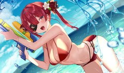  :d arched_back arm_up armpits bare_arms bare_shoulders bent_over bikini breasts cleavage commentary_request day dutch_angle eyepatch female finger_on_trigger flower hair_between_eyes hair_flower hair_ornament hair_ribbon hand_up highres holding hololive houshou_marine large_breasts long_hair looking_at_viewer multi-strapped_bikini navel ocean open_mouth outdoors red_bikini red_eyes red_hair ribbon satoupote sidelocks skindentation smile solo standing stomach string_bikini swimsuit thighs twintails virtual_youtuber wading water water_gun wet 