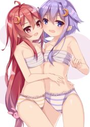  2girls bikini blue_stripes blush chest_sarashi commentary_request crescent crescent_hair_ornament flat_chest hair_ornament highres kantai_collection long_hair medium_hair multiple_girls navel open_mouth orange_stripes panties purple_eyes purple_hair rabbit_hair_ornament red_eyes red_hair sarashi smile stomach striped_clothes striped_panties swimsuit underwear uut uzuki_(kancolle) white_background yayoi_(kancolle) 