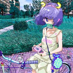  ace_akira bag bicycle bicycle_basket blue_eyes bob_cut bush cassette_player cassette_tape dress female floating_hair grass handbag headphones heart jaggy_lines looking_at_viewer mouth_hold nail_polish one_eye_covered original pac-man_(game) park pixel_art purple_hair sleeveless sleeveless_dress solo tall_grass tree white_dress wind 