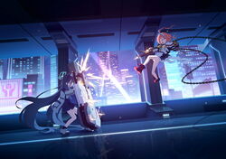  2girls absurdly_long_hair ahoge aris_(blue_archive) artist_request bad_link bare_legs battle black_hairband blocking blue_archive blue_hair boots building chains cityscape covering_privates dark_blue_hair dual_wielding dutch_angle firing from_side full_body game_cg gun hair_between_eyes hairband halo highres holding jacket long_hair maid_headdress midair mole mole_under_eye multiple_girls neru_(blue_archive) night official_art open_mouth profile reflective_floor school_uniform sig_mpx sig_sauer spoilers submachine_gun very_long_hair weapon 