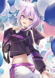  :3 :d animal_ears balloon cat_ears cat_tail clothing_cutout female hair_between_eyes happy_birthday highres hololive hood hoodie jacket ks_(xephyrks) looking_at_viewer nekomata_okayu nekomata_okayu_(1st_costume) oerba_yun_fang open_mouth purple_eyes purple_hair purple_hoodie smile solo tail tail_through_clothes virtual_youtuber 