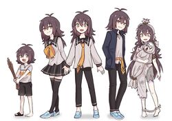  4boys aged_down aged_up artist_self-insert clothing_cutout commentary female himuhino jacket long_hair messy_hair multiple_boys multiple_persona necktie original pale_skin sandals shoes shorts single_shoe zombie 