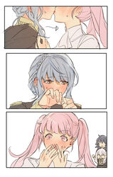  4girls bad_id bad_twitter_id blue_hair blush byleth_(female)_(fire_emblem) byleth_(fire_emblem) commentary_request covering_own_eyes covering_own_mouth embarrassed fire_emblem fire_emblem:_three_houses garreg_mach_monastery_uniform highres hilda_valentine_goneril kissing korean_commentary l_uyp lysithea_von_ordelia marianne_von_edmund multiple_girls pink_hair twintails uniform white_background yuri 