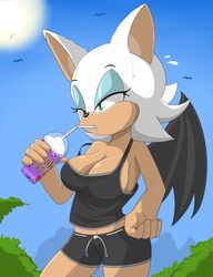  2023 anthro bat beverage bodily_fluids breasts cleavage clothed clothing container cup day eyeshadow female flying_sweatdrops fur green_eyes grimace_shake hi_res makeup mammal mcdonald&#039;s membrane_(anatomy) membranous_wings meme narrowed_eyes outside rouge_the_bat sega solo sonic_the_hedgehog_(series) sun sweat sweatdrop tan_body tan_skin white_body white_fur wings zebra10045 