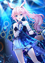  :d absurdres animal_ears blue_dress cen_(cenll) character_name concert dress female fox_ears gloves happy_birthday highres holding holding_microphone honkai_(series) honkai_impact_3rd looking_at_viewer microphone open_mouth pink_hair ponytail purple_eyes sleeveless sleeveless_dress smile solo truss white_gloves yae_sakura yae_sakura_(goushinnso_memento) 