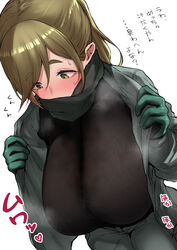  absurdres black_sweater blush breasts brown_hair clothes_pull female from_above gloves green_eyes green_gloves green_scarf highres inuyama_aoi jacket jacket_pull large_breasts moire ricochet-gou scarf sidelocks solo steaming_body sweat sweater translated white_background yurucamp yurucamp_movie 