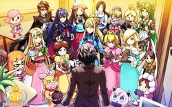  1boy 6+girls amamiya_ren amulet androgynous animal_crossing aqua_shirt armlet bayonetta bayonetta_(series) bayonetta_2 black_hair blonde_hair blue_bodysuit blue_eyes bodysuit box breasts brown_eyes brown_hair chocolate coinboxtees commentary crown dog_girl dress earrings english_commentary fire_emblem fire_emblem_awakening food forehead_jewel gift gift_box glasses gloves gown green_eyes harem hat high_heels holding holding_chocolate holding_food holding_gift holding_poke_ball ice_climber inkling inkling_girl inkling_player_character isabelle_(animal_crossing) jewelry jigglypuff kid_icarus kid_icarus_uprising laurel_crown leaf_(pokemon) long_hair lucina_(fire_emblem) luma_(mario) mario_(series) mask metroid mii_(nintendo) mii_gunner mii_gunner_(smash_ultimate) mole mole_under_mouth multiple_girls nana_(ice_climber) palutena pants pendant persona persona_5 plaid plaid_pants pointy_ears poke_ball poke_ball_(basic) pokemon pokemon_(creature) pokemon_frlg porkpie_hat princess_daisy princess_peach princess_zelda ribbon rosalina samus_aran sandals school_uniform sheik shirt shuujin_academy_school_uniform side_slit single_thighhigh splatoon_(series) splatoon_1 straight strapless strapless_dress super_mario_galaxy super_smash_bros. super_soaker tentacle_hair the_legend_of_zelda the_legend_of_zelda:_a_link_between_worlds the_legend_of_zelda:_ocarina_of_time thighhighs tiara topknot triforce valentine vambraces villager_(animal_crossing) wendy_o._koopa white_legwear wii_fit wii_fit_trainer wii_fit_trainer_(female) zero_suit 