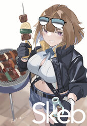  absurdres belt black_belt black_jacket blue_shorts blush bottle breasts brown_hair commentary commission cowboy_shot eyewear_on_head female food fur_trim girls&#039;_frontline gloves grizzly_mkv_(girls&#039;_frontline) highres holding holding_bottle holding_food jacket large_breasts looking_at_viewer navel open_clothes open_jacket open_mouth purple_eyes shirt short_hair shorts signature skeb_commission smile solo standing sunglasses teeth ubah white_shirt 