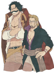  2boys black_hair blonde_hair coat coat_on_shoulders cropped_legs crossed_arms facial_hair glasses gol_d._roger grin hair_slicked_back hands_on_own_hips hat male_focus moustache multiple_boys one_piece pectoral_cleavage pectorals pirate_hat rrrhigemegane sash scar scar_across_eye silvers_rayleigh smile stubble 