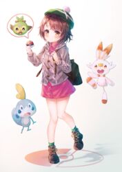  absurdres backpack bag black_footwear blush brown_hair cardigan closed_mouth commentary dress female geuyeon gloria_(pokemon) green_headwear grey_cardigan grookey hat highres holding holding_poke_ball hooded_cardigan long_sleeves looking_at_viewer pink_dress poke_ball poke_ball_(basic) poke_ball_symbol pokemon pokemon_(creature) pokemon_swsh pom_pom_(clothes) scorbunny shoes short_hair smile sobble socks spoken_character standing standing_on_one_leg tam_o&#039;_shanter yellow_eyes 