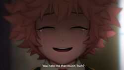  ashido_mina black_sclera blurry blurry_background boku_no_hero_academia close-up closed_eyes colored_sclera colored_skin commentary crying derivative_work english_commentary english_text epaulettes female greatm8 highres looking_down nakitai_watashi_wa_neko_wo_kaburu necktie parted_lips photoshop_(medium) pink_hair pink_skin red_necktie school_uniform shirt short_hair solo source_filmmaker_(medium) subtitled tearing_up u.a._school_uniform white_shirt wing_collar 